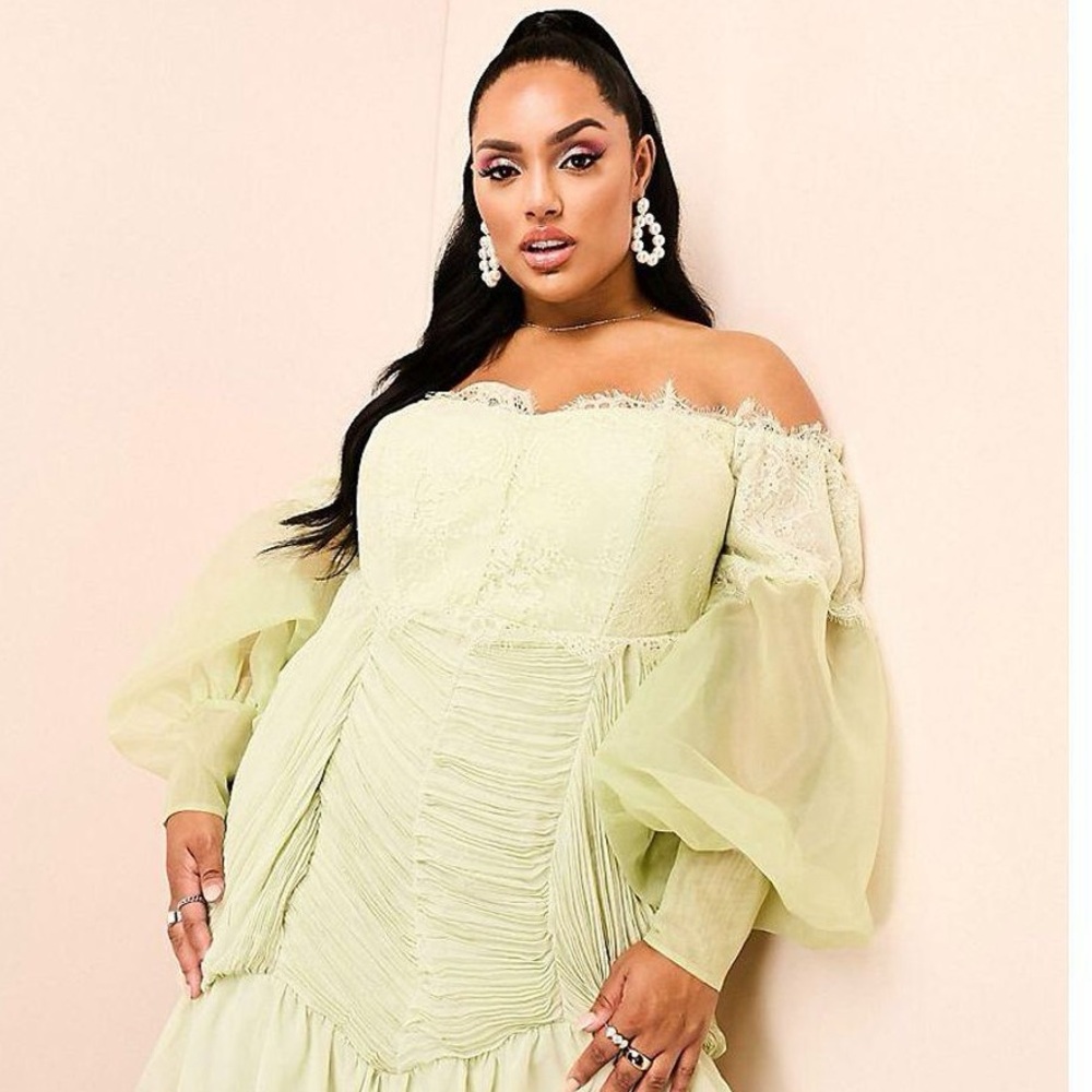 ASOS LUXE Curve bardot lace ruched sheer puff sleeve mini dress in green